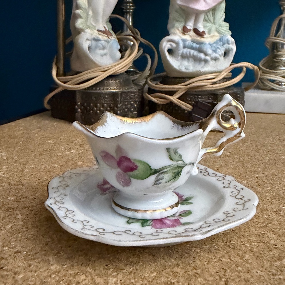 Floral Teacup and Saucer Set with Gold Accents